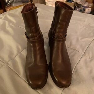 Boots Brown Leather Mid-Calf Heeled Boots with Side Strap